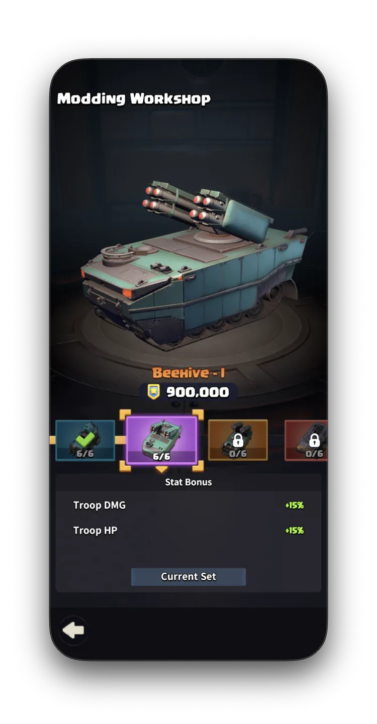 Beehive-I set bonus — Troop DMG +15%, Troop HP +15%. Current Set activated.