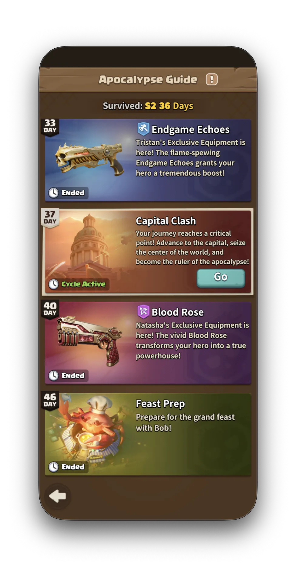 Apocalypse Guide showing Exclusive Equipment unlocks — Siren's Blessing, Industrial Surge, State of Supremacy events