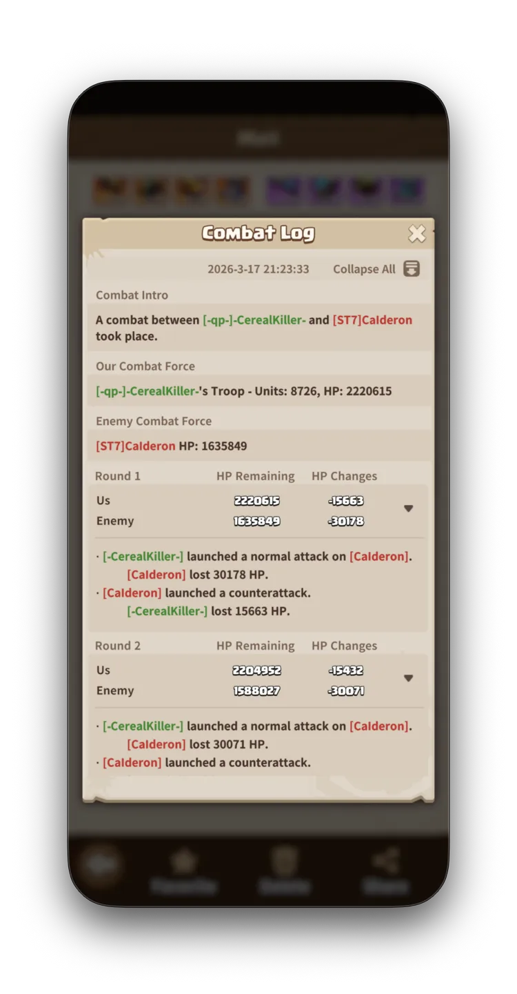 Combat Log Round 1 — CK deals 30,178 HP to Calderon, Calderon deals 15,663 to CK. Much closer than NKS — the fight lasted 21 rounds.