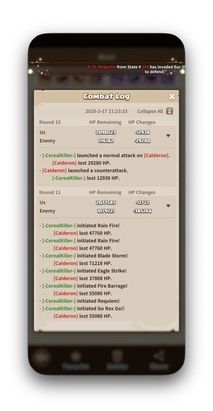 Calderon combat log Round 11 — all hero skills fire. Rain Fire appears twice dealing 47,760 damage each time. Blade Storm deals 71,218.