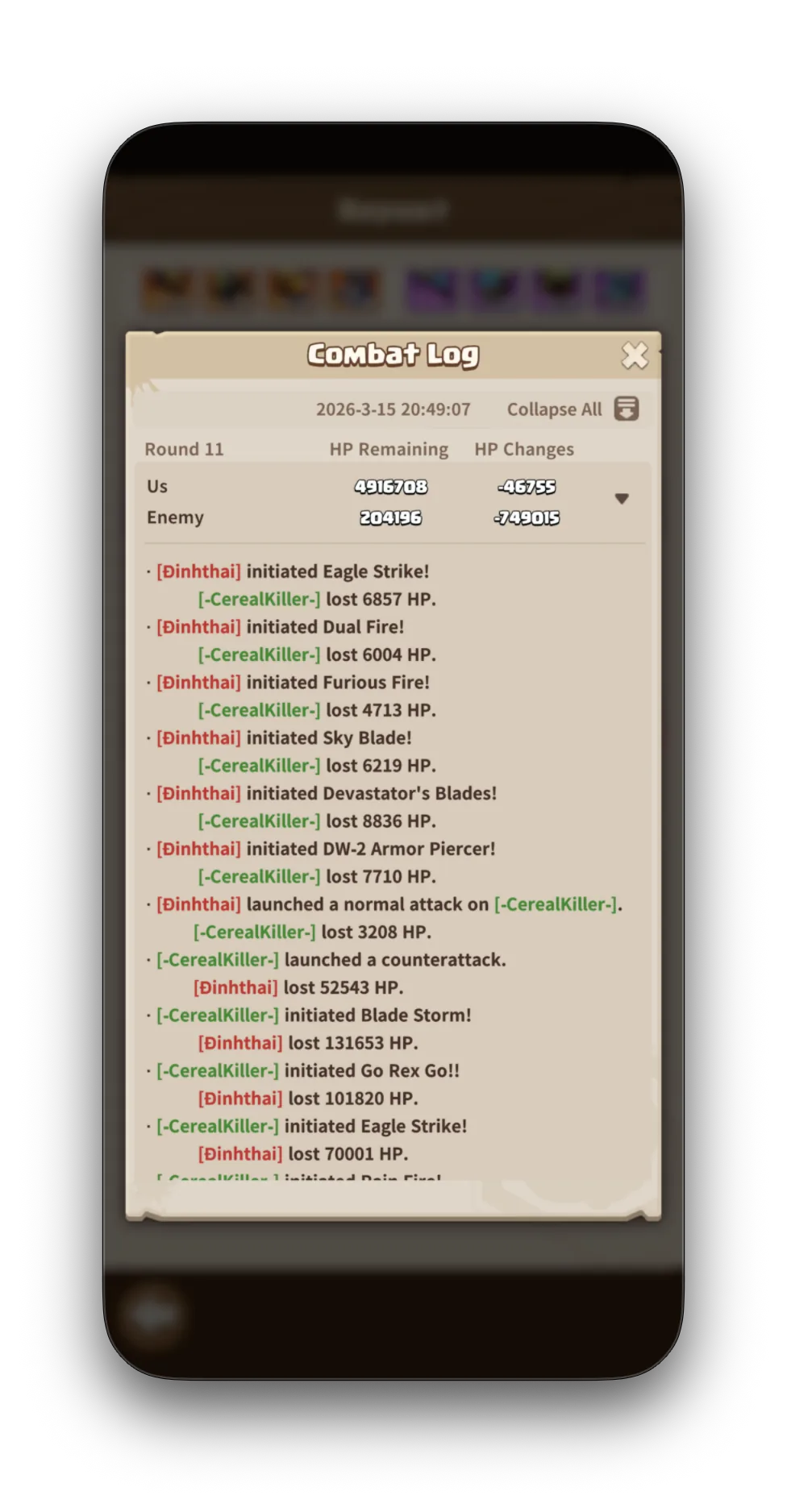 Combat log Round 11 showing all hero skills firing simultaneously