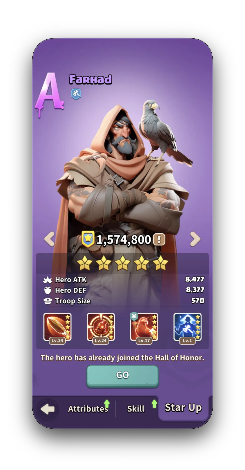 Farhad — A-tier hero, Lv.78, CP 1,574,800