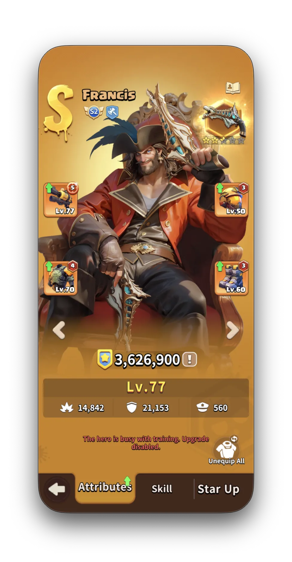 Francis — S-tier Fighter, Lv.77, CP 3,626,900, DEF 21,153