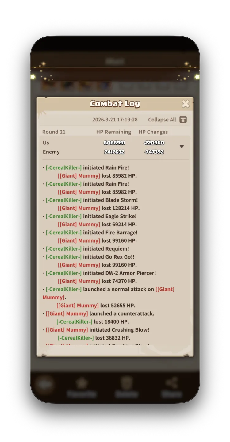 Giant Mummy combat log Round 21 — Rain Fire fires twice at 85,982 each, Blade Storm 128,214, Fire Barrage and Go Rex Go both 99,160. All confirming pool-based damage.