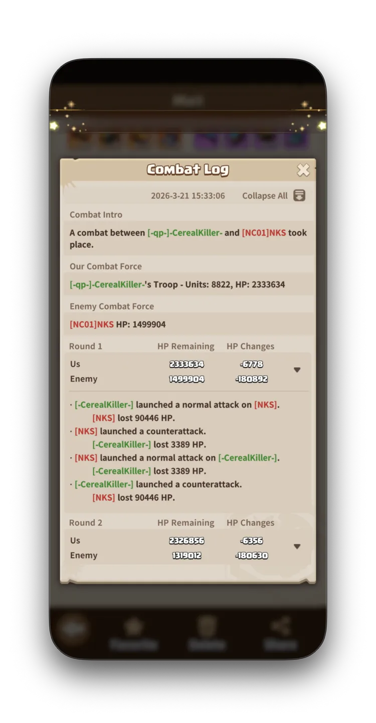 Combat Log Round 1 — CK deals 90,446 HP damage to NKS per hit, NKS deals only 3,389 to CK. The damage ratio is 27:1 from the first round.
