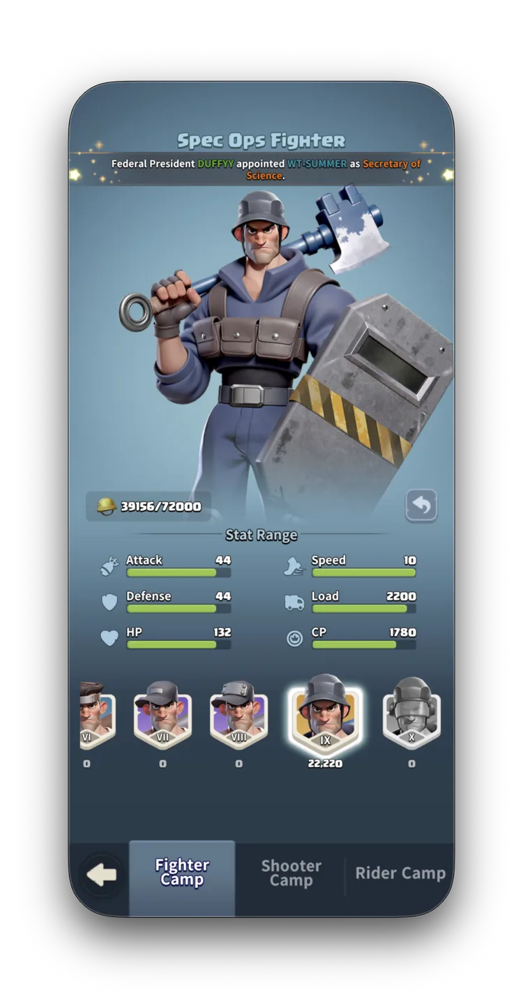 Spec Ops Fighter (T9) — Attack 44, Defense 44, HP 132, Speed 10, Load 2200, CP 1780