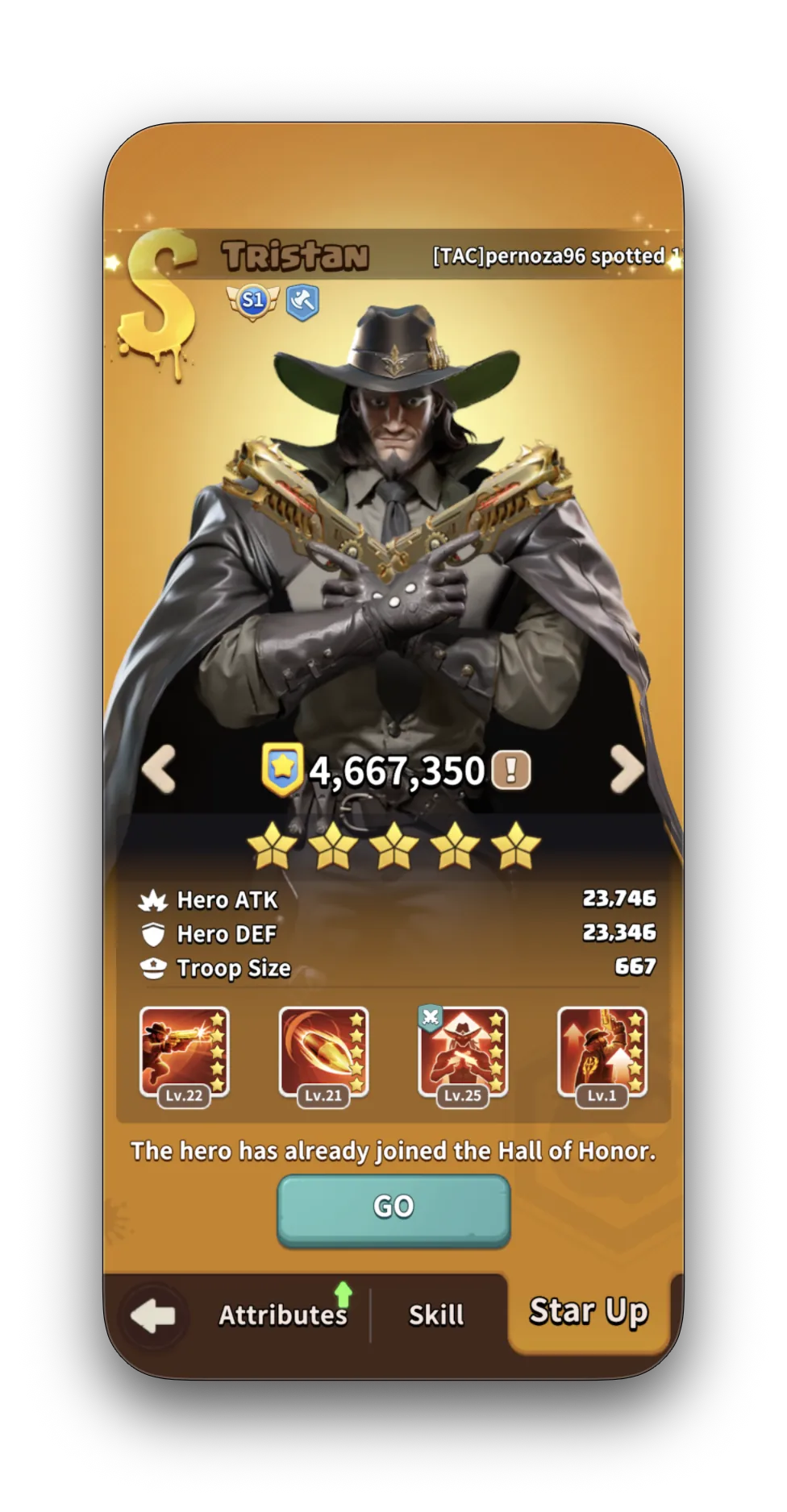 Tristan — S-tier Fighter, 5 stars, CP 4,667,350, ATK 23,746 / DEF 23,346 / Troop 667