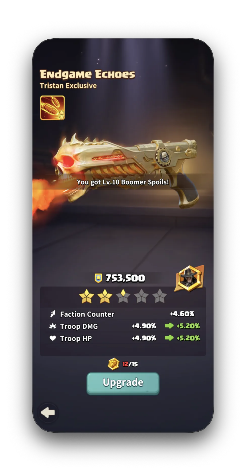 Endgame Echoes — Tristan's Exclusive Equipment, 2★, CP 753,500. Faction Counter +4.60%, Troop DMG +5.20%, Troop HP +5.20%