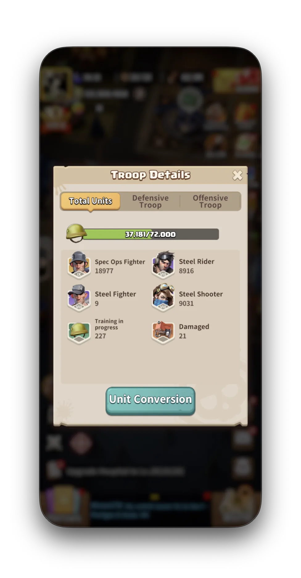 Troop Details — Total Units showing 18,977 Spec Ops Fighters, 9 Steel Fighter, 9,116 Steel Rider, 9,031 Steel Shooter. OAW doctrine in action.